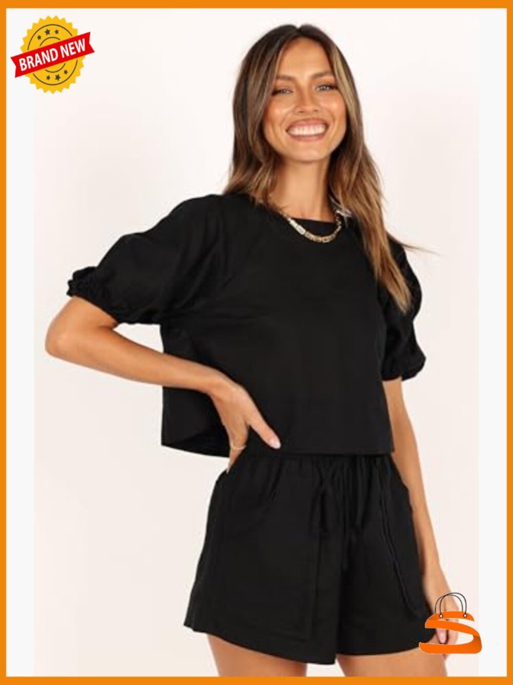 Cropped Linen Set, Short Sleeve Top & Shorts, Drawstring Waist - Picture 5 of 6